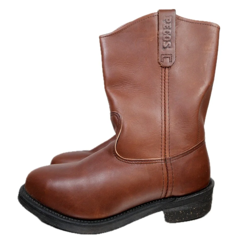 Red Wing Pecos 2214 Boots Mens 11 Brown Leather Steel Toe Pull On Made in USA